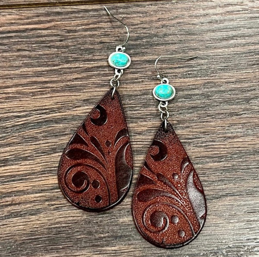 Leather Tooled Turquoise Earring