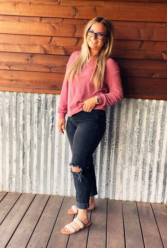 Half Zip Long Sleeve Solid Knit Top