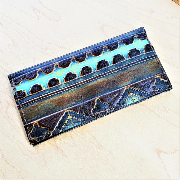 Embossed Leather Wallet-Blue Navajo