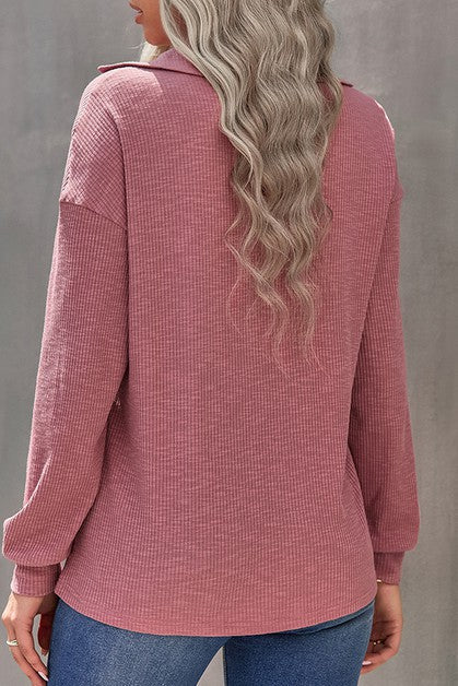 Half Zip Long Sleeve Solid Knit Top